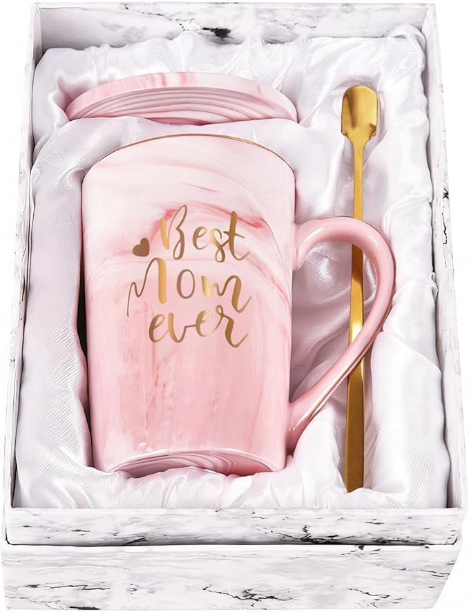 YHRJWN Mothers Day Gifts for Mom, Best Mom Ever Coffee Mug, Mom Mothers Day Gifts from Daughter Son, Moms Gift Idea for Birthday, Valentines Day, Present for Moms Mothers, 14 Oz Pink