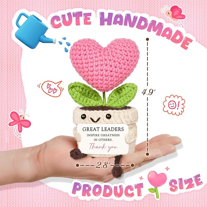 Leader Gifts – Mini Handmade Crochet Pink Heart Flower, Leadership Gifts Thank You Appreciation, Best Boss Gift for Women Boss Lady Promotion Office Desk Decor