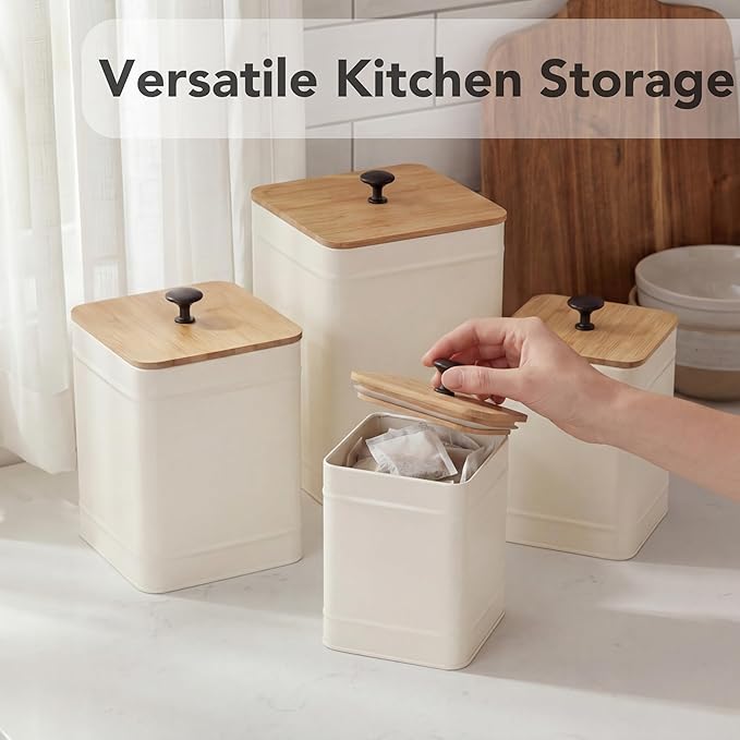 PERFNIQUE Kitchen Canisters, Airtight Canister Sets for Kitchen Counter, Kitchen Canisters for Countertop Set of 4, Coffee Tea Sugar Flour Spice Tin Jars Food Storage Container with Lid(White)