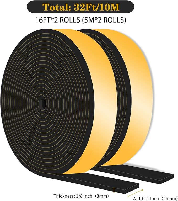 Weather Stripping Door Seal,Weather Stripping,Soundproof,Cold Insulation,High Density CR Foam Insulation Tape for Door, Front Door Frame, Windows,Sliding Door (Black, 1 in x 1/8 in x 32 Ft)