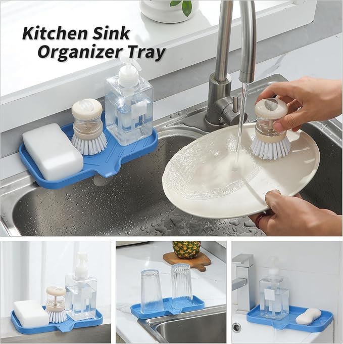 MicoYang Silicone Soap Dish with Drain Spout — Self-Draining Sink Organizer Tray for Bathroom & Kitchen, Sponges, Dispensers & Soap Holder, Non-Slip & Dishwasher Safe, Lichen Blue (Medium, 9.6"×5.3")