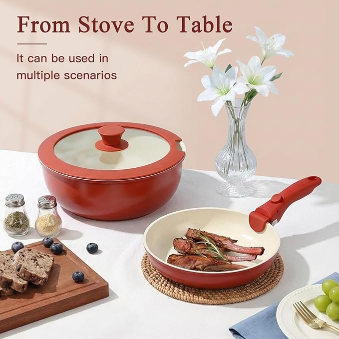 GiPP 5PCS Pots and Pans Set Non Stick, Nonstick Cookware Set Detachable Handle, Ceramic Pots for Cooking Non Stick with Removable Handle, RV Cookware Set for All Stoves, Red Black Gradien