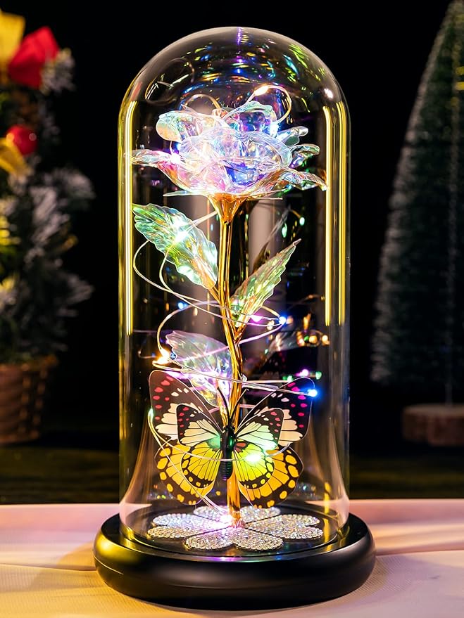 Mothers Day Rose Gifts for Mom Birthday Gift for Women Galaxy Glass Rose in Glass Dome Forever Eternal Crystal Roses with Butterfly Mother's Day Flowers Gifts for Wife Daughter Grandma Sister Colorful