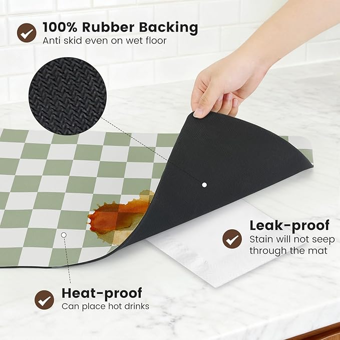 16" x 24" Checkered Dish Drying Mat for Kitchen Counter, Absorbent Coffee Bar Mat for Espresso Machine Coffee Countertops Accessories, Sage