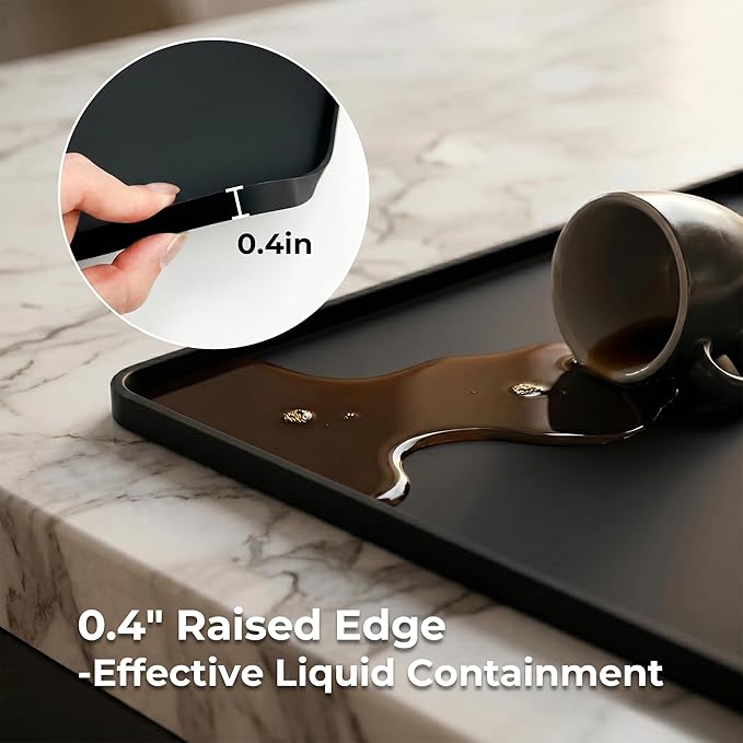 16×16-inch Silicone Coffee Mat for Espresso Machine - Heat Resistant, Waterproof Countertop Protector Pad with Raised Edges, Easy Clean Dish Drying Mat for Kitchen, Pet Food Mat (Black)