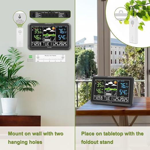 DreamSky Weather Station Indoor Outdoor Thermometer Wireless, Atomic Clock | Digital Large Display with Dimmer, USB Port, Inside Outside Temperature Humidity Monitor for Home (Plug-in)-3 Sensors