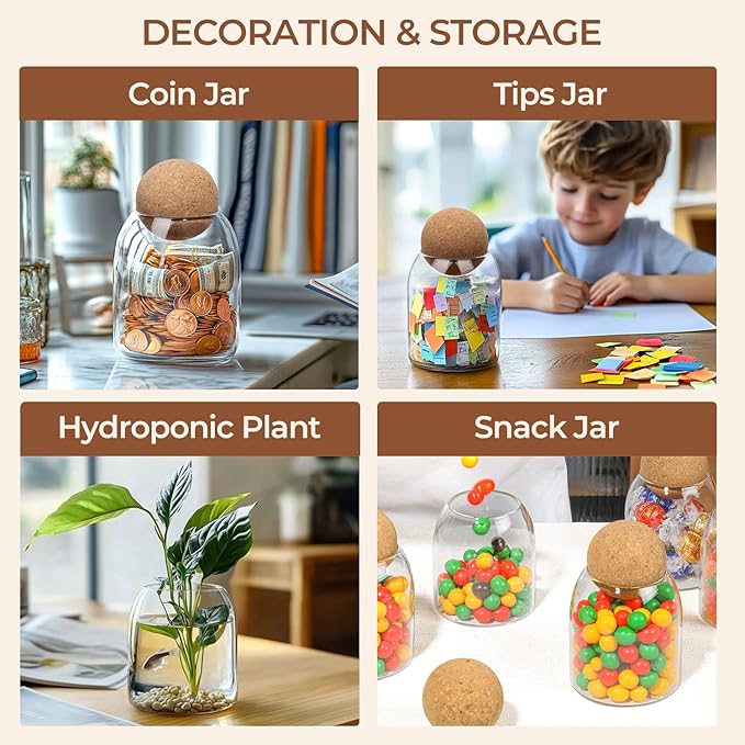 ComSaf 16oz Clear Decorative Glass Jar with Cork Ball Lid - Coffee Bar Kitchen Counter Bathroom Storage, Dishwasher Safe, Glass Canister for Coffee Sugar Candy Storage - Home Decor & Gifting