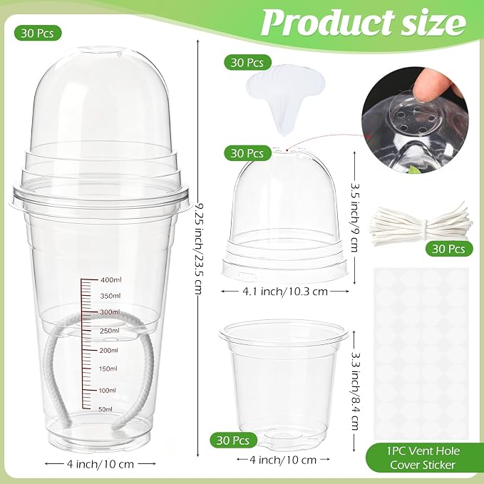 30 Pack 4" Self Watering Propagation Pots, Seed Starter Cups with Dome | Large Dual-Layer Clear Pots, Vent Dome, Self-Watering Reservoir, For Cuttings & Seedlings, 30 Plant Labels Included