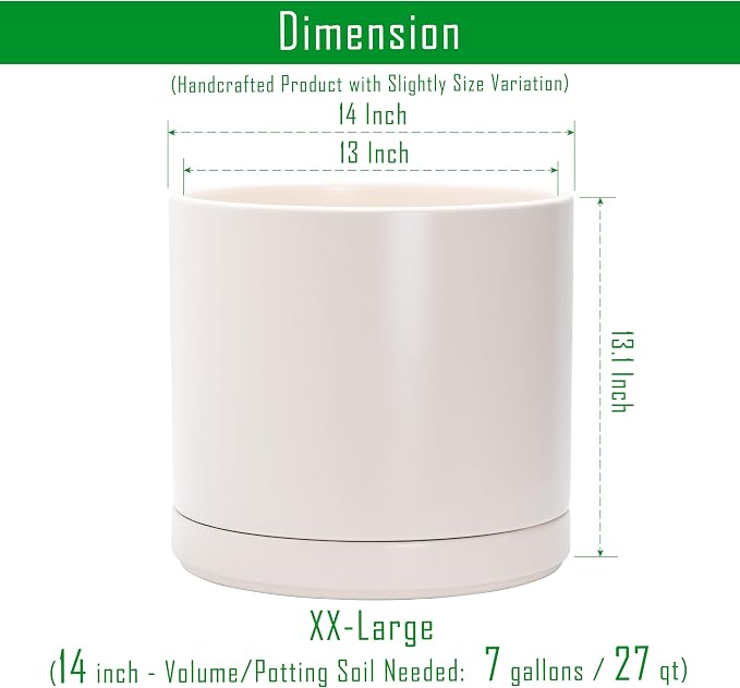 D'vine Dev 14 Inch Ceramic Planter Pot, Oatmeal, 94-O-G-8 | Modern Cylinder Design, Drainage Hole & Saucer Included, Stable Structure, Elegant Home Accent