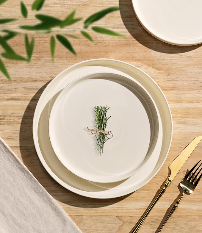 TheTerra Ceramic Dinnerware Sets with Pasta Bowls for 4, 16 Pieces Porcelain Lightweight Plates and Bowls Sets, Scratch Resistant Dish Set, Oven & Microwave & Dishwasher Safe, Beige