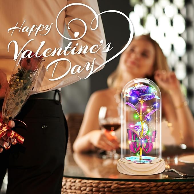 Otlonpe Preserved Forever Mothers Day Flower Gifts for Mom, Glass Rose Wood Base Colorful Light Butterfly Gifts for Women Grandma Girlfriend Wife Her, Valentines Mothers Day Christmas Birthday