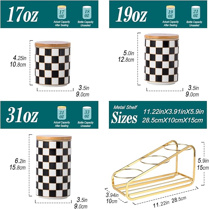 Kitchen Countertop Ceramic Canisters Set, 3Pcs Grid Pattern Kitchen Jars with Layered Shelves, Sealed Countertop Flour and Sugar Containers, Coffee and Tea Storage