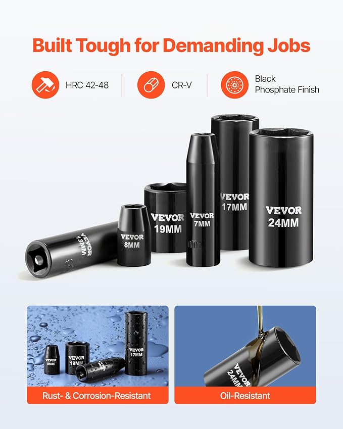 VEVOR Impact Socket Set 3/8" Drive, 64-Piece Standard SAE (5/16 to 1 inch) & Metric (6 to 24 mm) Size, Deep & Shallow, 6 Point, CR-V, Ratchet Handle, Extension Bars, Universal Joint, Adapters