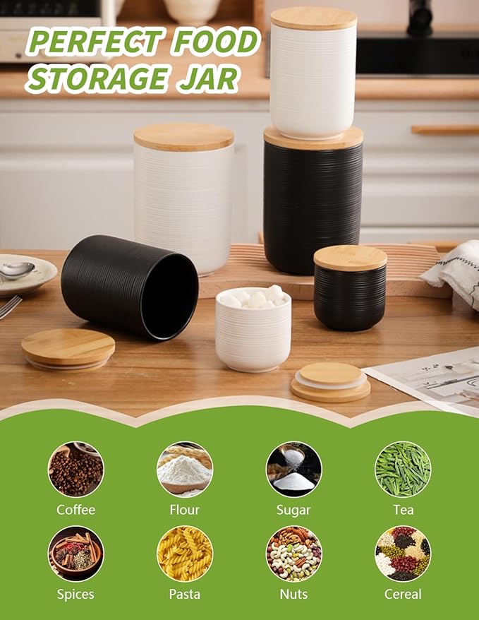 Ceramic Canister with Airtight Seal Lid, Kitchen Canisters for Countertop, Black Food Storage Jar for Flour, Coffee Bean, Sugar, Tea, Spices and More, Home Decor (260ml/8.79oz)