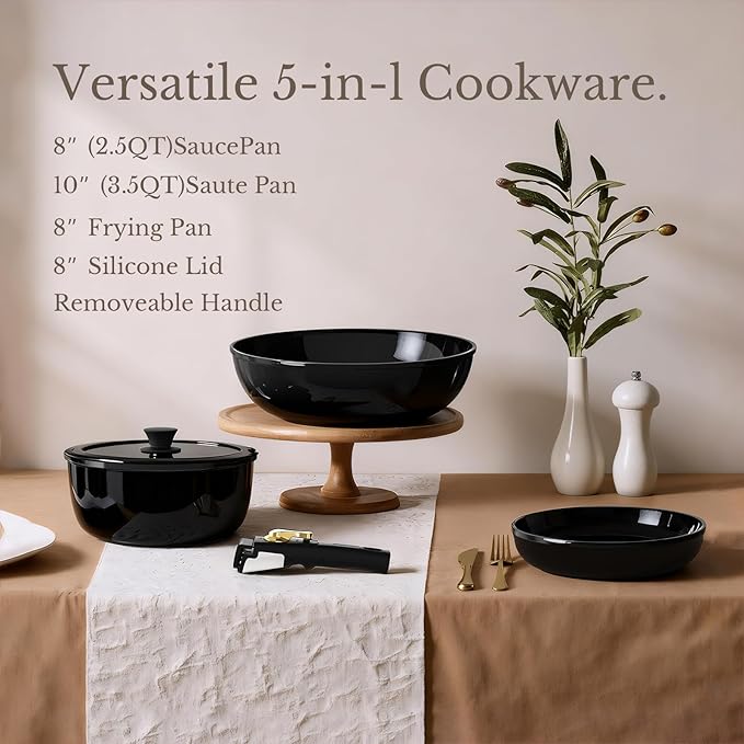 Pots and Pans Set Non Stick, Ceramic Cookware Set Detachable Handle, RV Camping Kitchen Cooking Set Removable Handles, Dishwasher/Oven/Fridge Safe, Induction, Space Saving，Black Gold
