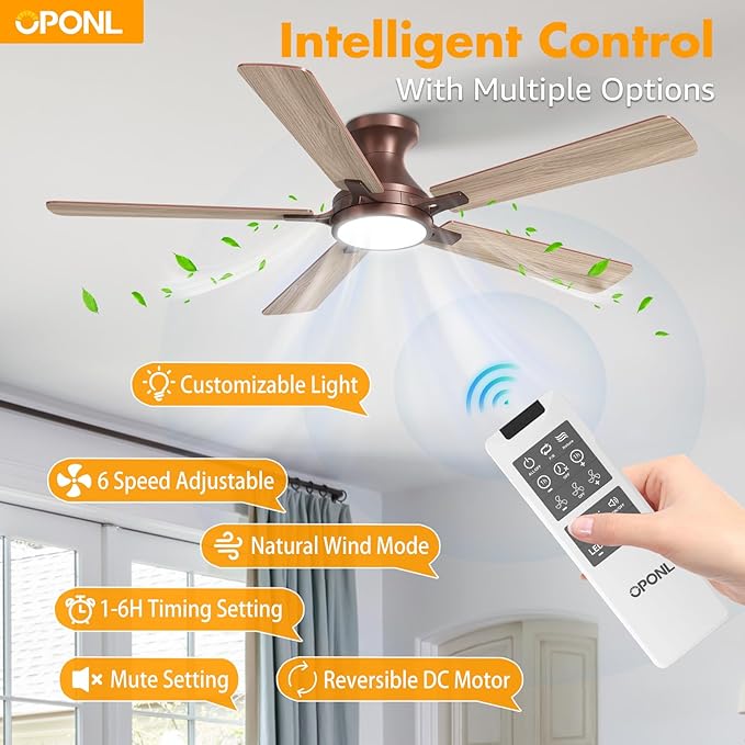 OPONL 52 Inch Brown Ceiling Fan with Light, Remote Control, Low Profile, Noiseless, Reversible, Dimmable, Timeable, Metal Housing, Flush Mount Ceiling Fans with Lights for Bedroom, Indoor/Outdoor Use