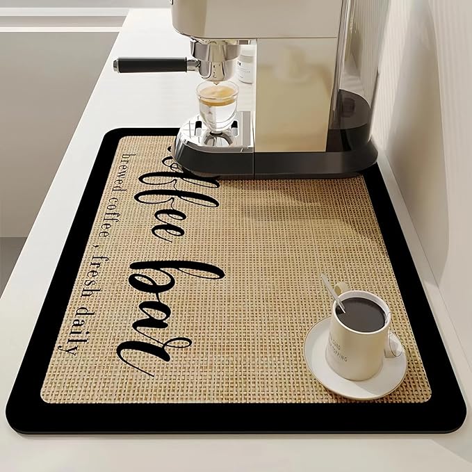 Coffee Mat 12"x19" Coffee Bar Mat Rubber Backed Bar Accessories Super Absorbent Dish Drying Mats for Kitchen Counter, Fit Under Coffee Maker Espresso Machine Dish Rack (Cream)