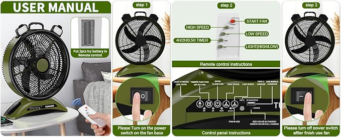 45000mAh Battery Operated Fan with Light, High Velocity Rechargeable Camping Fan, 12-Inch Portable Battery Powered Fan for Tent RV Hurricane, Quiet Use While Charging with Remote Timer, Green