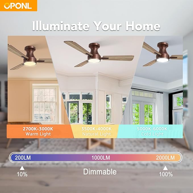 OPONL 42 Inch Brown Ceiling Fan with Light, Remote Control, Noiseless, Reversible, 6CCT, Dimmable, Timeable, Metal Housing, Flush Mount Ceiling Fans with Lights for Bedroom, Indoor/Outdoor Use