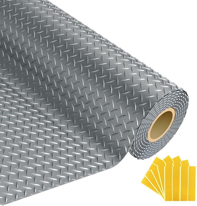 Grandroad auto 8x20 FT Garage Floor Mat, 2.8mm Thickened Flooring Roll for Under Car Diamond Plate PVC Rubber Mat with 20 Pcs Tapes, Non-Slip Floor Mat for Garage, Warehouse, Gyms, Trailer, Gray