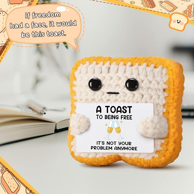 Crochet Toast “A Toast to Being Free” Plush – Funny Celebration Gifts for Woman Men Best friend Coworker “It’s Not Your Problem Anymore” Card for Leaving Workor, Retirement, Divorce, Graduation Gift