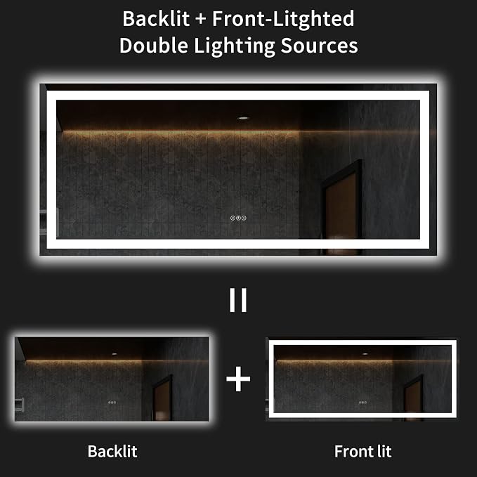 LOAAO 60"X28" LED Bathroom Mirror with Lights, Anti-Fog, Dimmable, Backlit + Front Lit, Lighted Bathroom Vanity Mirror for Wall, Memory Function, Tempered Glass, ETL Listed