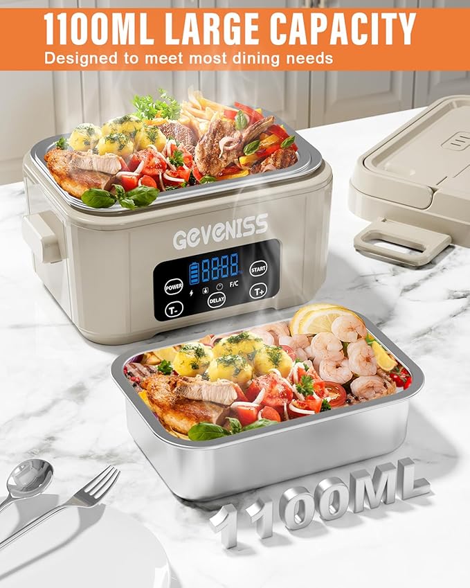Geveniss Cordless Electric Lunch Box for Adults – Heated Lunch Box with 1100ML SS Container, Battery-Powered Food Warmer with Leakproof Lid, Fast Heating Up to 220°F for Office, Car, Travel