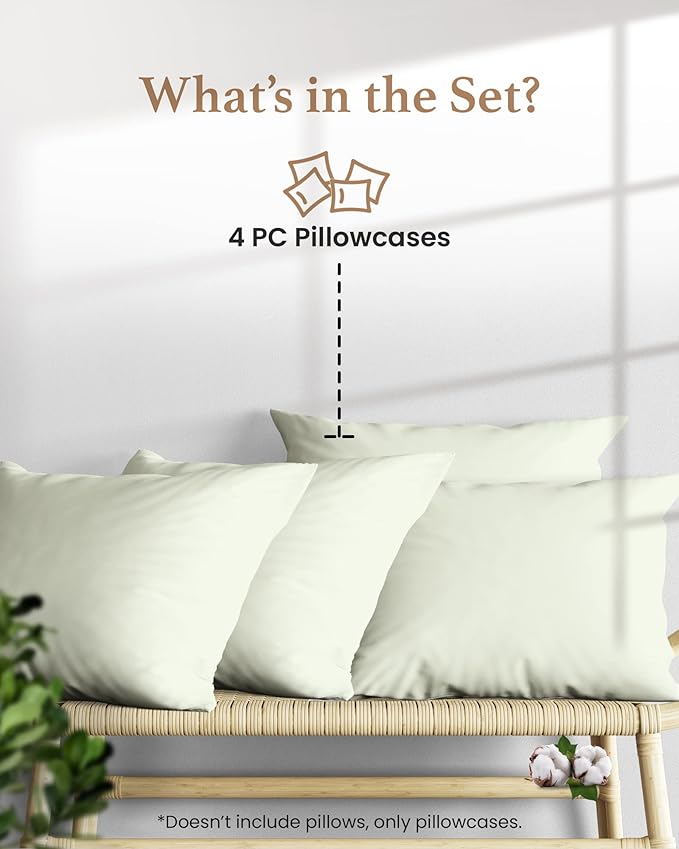 1000 TC Sage Standard Pillowcases Set of 4 100% Egyptian Cotton Pillow Cases with Long Staple Cotton & Sateen Weave, Silky Soft Hotel - Like Bed Pillow Covers for Comfy Sleeping, Snug Fit