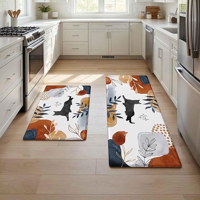 Boho Kitchen Rug Mats for Floor Cushioned Anti Fatigue Kitchen Rugs Sets of 2 Botanical Black Cat Non Slip Waterproof Comfort Memory Foam Standing Floor Mat for Office Laundry Sink Desk