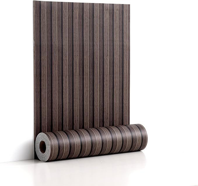 Peel and Stick PVC Slat Wall Panels, Wood Grain Self-Adhesive Soundproof Moisture-Resistant Paneling, 3D Faux Wood Panels for Bedroom Bathroom Walls & Ceilings 118"x15.75"(Dark Walnut,13Sq.ft)