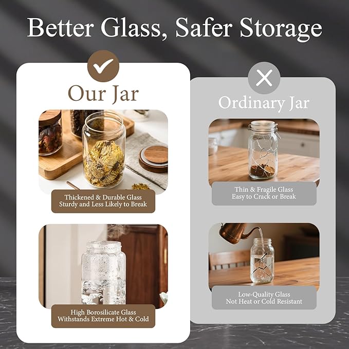 Glass Jars with Airtight Wood Lids - 11 oz Mini Kitchen Pantry Storage Containers, Stackable Decorative Canisters for Chia Seed, Sugar, Tea, Spice, Salt, Matcha, Nuts, Sauce, Cocoa powder, Set of 2
