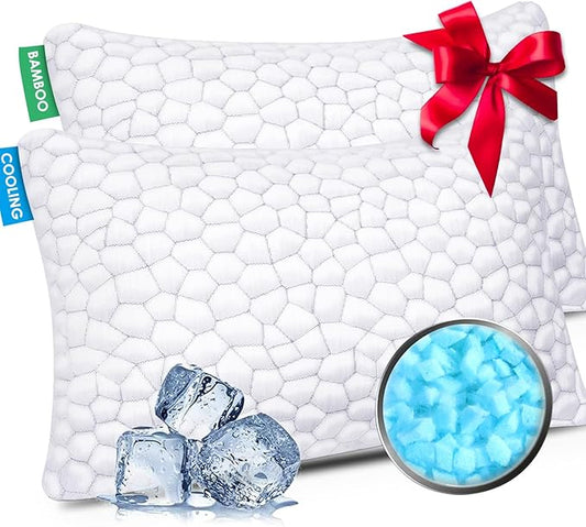 Cooling Pillow Standard Size Set of 2, CertiPUR-US Shredded Memory Foam Pillows, Cool Bed Pillows for Hot Sleepers, Adjustable Firm Pillow for Side,Back,Stomach Sleepers, Better Sleep Gifts for Mom