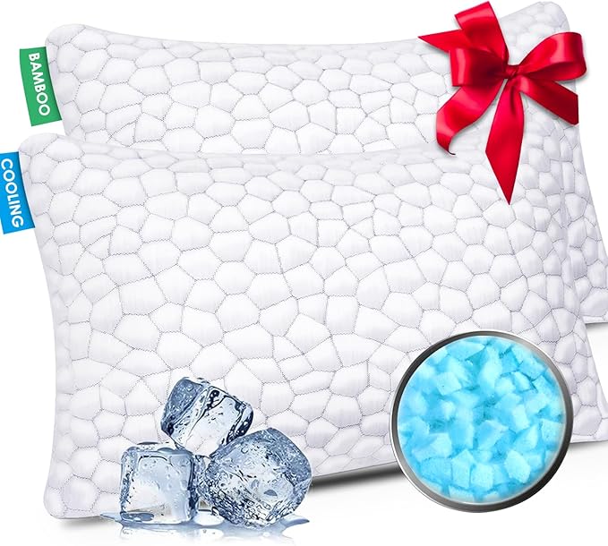 Cooling Pillow Queen Size Set of 2, CertiPUR-US Shredded Memory Foam Pillows for Sleeping, Cool Bed Pillows for Hot Sleepers, Adjustable Firm Pillow for Side,Back,Stomach Sleepers,Sleep Gift for Mom