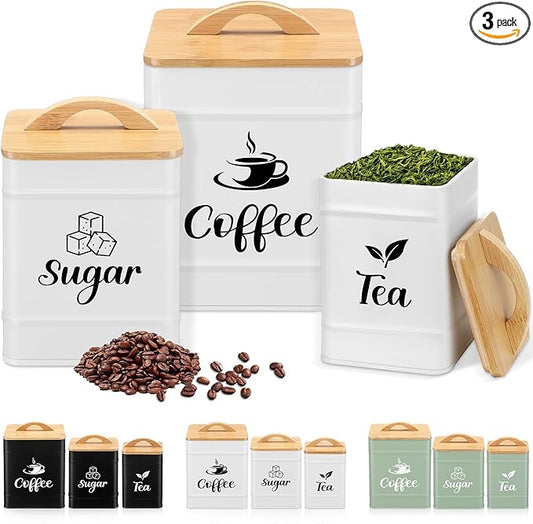 Maxdot 3 Set Coffee Sugar Tea Containers, Square Airtight Kitchen Canisters Storage Ground Organization with Bamboo Lids Rustic Metal Jars for Coffee Bar Beans, Tea Leaves, Food, Countertop(Cream)