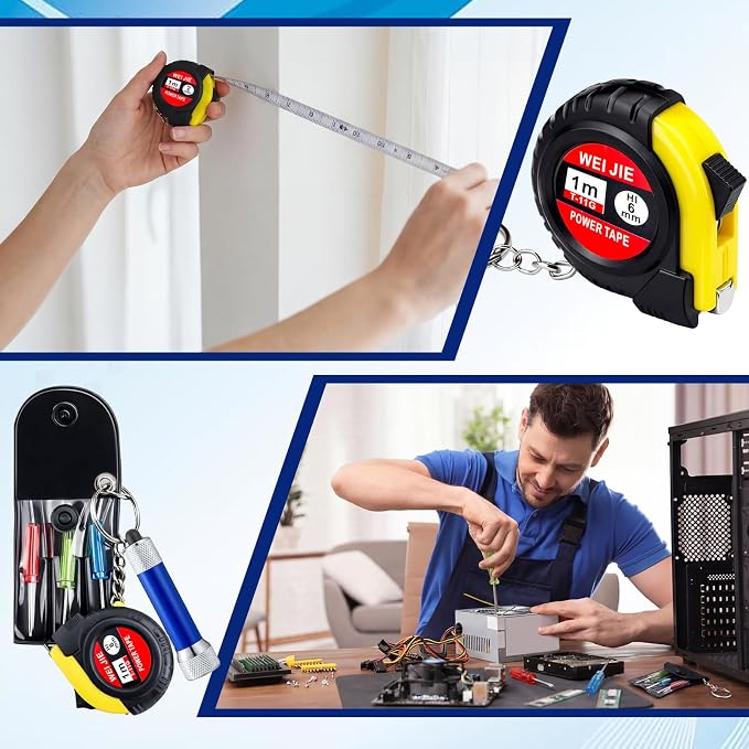 Jutom 18 Pcs Mini Tape Measure Keychain Screwdriver LED Light Keychain Bulk Men Adult Tool Party Gifts Prize for Man Father's Day Housewarming Gifts Adult Useful Tool Favors (Colorful)