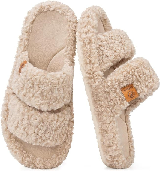 EverFoams Womens Fuzzy Open-toe Slippers Soft Comfy Memory Foam Indoor House Shoes