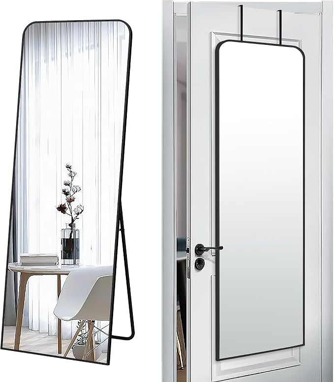 SCWF-GZ 57x20 Full Length Mirror Over The Door Hanging, Floor Stand/Wall Mounted Aluminum Alloy Frame Dressing Mirror for Bedroom Living Room 57 inch Black
