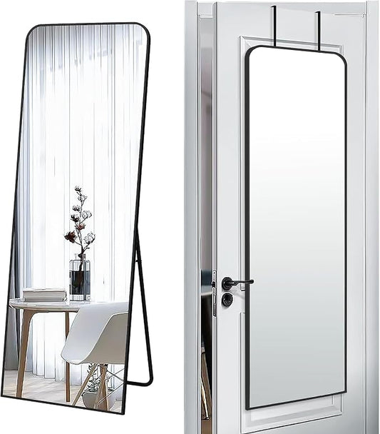 SCWF-GZ 57x20 Full Length Mirror Over The Door Hanging, Floor Stand/Wall Mounted Aluminum Alloy Frame Dressing Mirror for Bedroom Living Room 57 inch Black