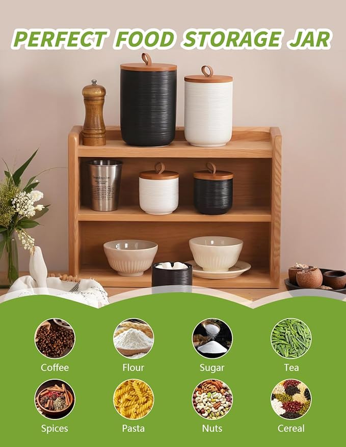 Ceramic Canister with Airtight Seal Lid, Kitchen Canisters for Countertop, Black Food Storage Jar for Flour, Coffee Bean, Sugar, Tea, Spices and More, Home Decor (800ml/27.05oz)