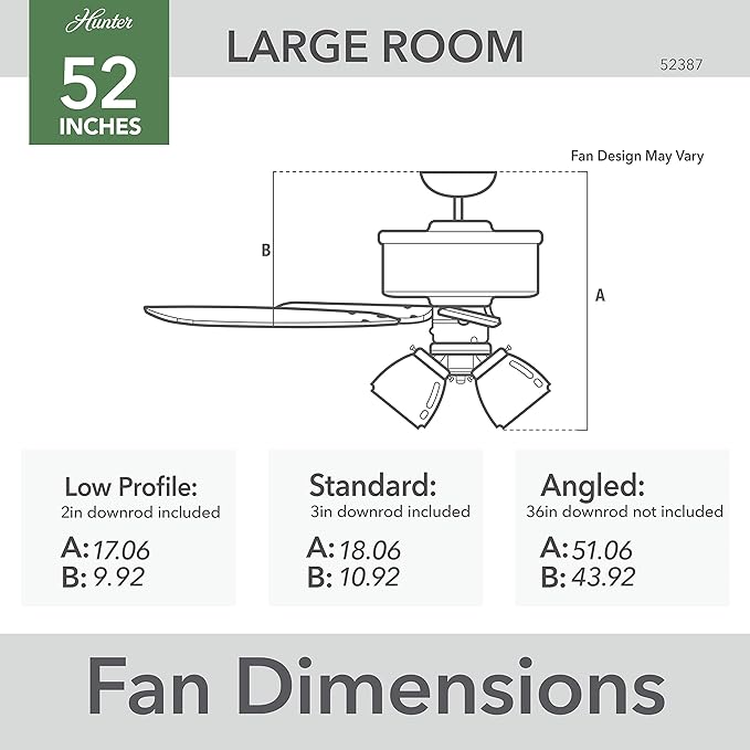 Hunter 52 inch Indoor Ceiling Fan with LED Lights - Black Ceiling Fan with Pull Chain, For Bedroom or Living Room, Standard Mount, No Remote, 5 Blades, Includes Bulbs- Builder Plus 52387, Matte Black