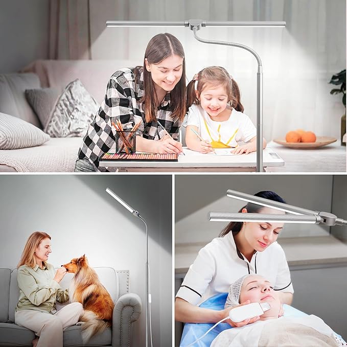 Bright Floor Lamp, 18W/2000LM Silver LED Floor Lamp with Double Head | Adjustable Gooseneck, Dimmable Craft Light for Sewing Tatoo Puzzle，Eye Caring Reading Lamps for Living Room Bedroom Office