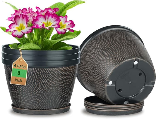 Quarut 4 Pack 8 Inch Flower Pots Planters for Outdoor Indoor | Plastic Plant Pots with Drainage Hole & Tray, Modern Decorative Garden Pot with Saucer, planters for House