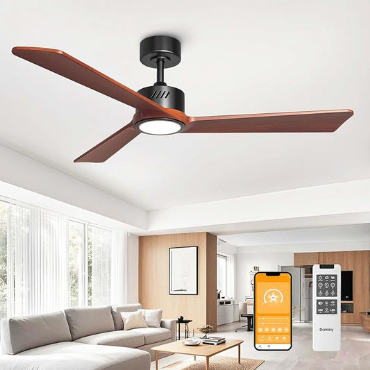 DAMINY Natural Solid Wood 52 inch Ceiling Fan with Light,3 Blade,6CCT,Black Low Profile Ceiling Fan with Light and Remote Control
