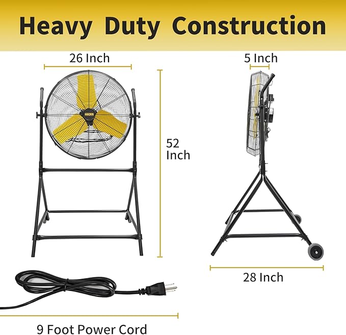 HiCFM 7900 CFM 24 inch Roll-About Tilt Stand Fan with Ball Bearing Powerful 2/5HP Motor, 9FT Cord, 180 Degree Tilting with Wheels for Industrial Use, UL Safety Listed