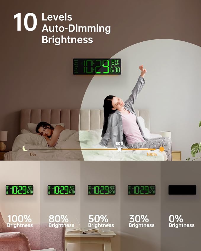 EASYERA 12" Digital Wall Clock for Classroom Livingroom Game Home Decor | LED Display RGB Lights, BIuetooth Sync, Dual Alarms, Auto DST, Countdown, Remote Control, Temperature