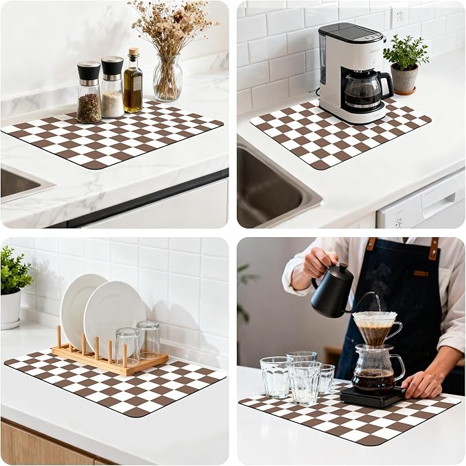 16" x 24" Checkered Dish Drying Mat for Kitchen Counter, Absorbent Coffee Bar Mat for Espresso Machine Coffee Countertops Accessories, Coffee Brown