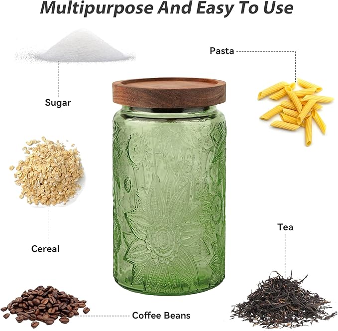 Glass Jar with Lid, Vintage Glass Storage Jars with Airtight Lid Coffee Canister Sugar Container for Kitchen Counter Pantry, Spice, Candy, Coffee Beans, Tea, Oats (34FL OZ Sunflower Green)