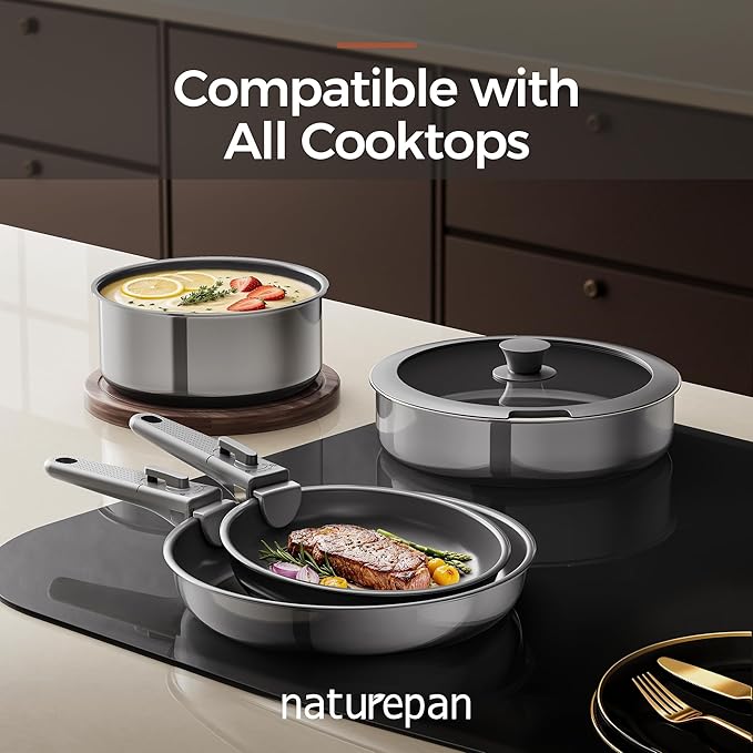 5pcs Nonstick Cookware Set, Diamond-Titanium Ceramic Coating & 3 Layer Stainless Steel Pots and Pans Set with Detachable Handle, Dishwasher Safe, Induction Compatible, Oven Safe, Gray