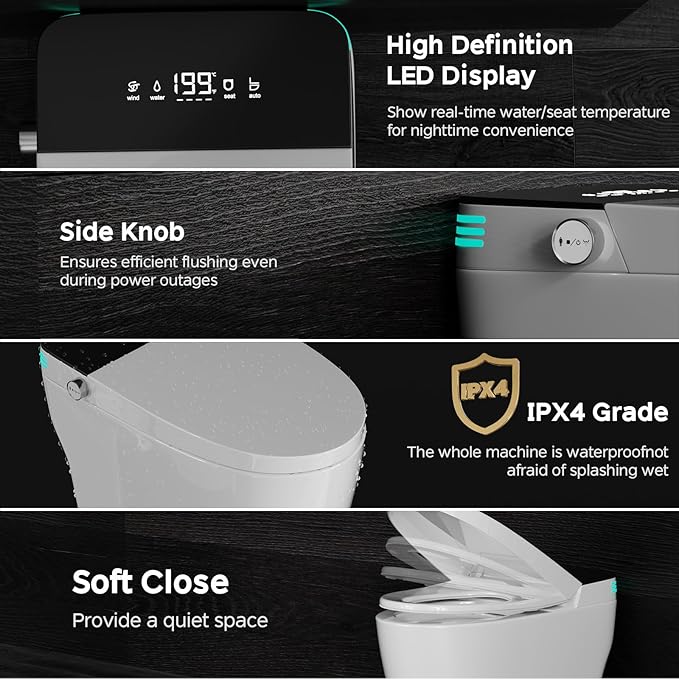 Smart Toilet with Bidet Built In ADA Height 17.7", One Piece Tankless Bidet Toilet with Auto Open Close, Foam Shield, Voice Control Modern Elongated Toilet with Heated Seat, Warm Water & Dryer