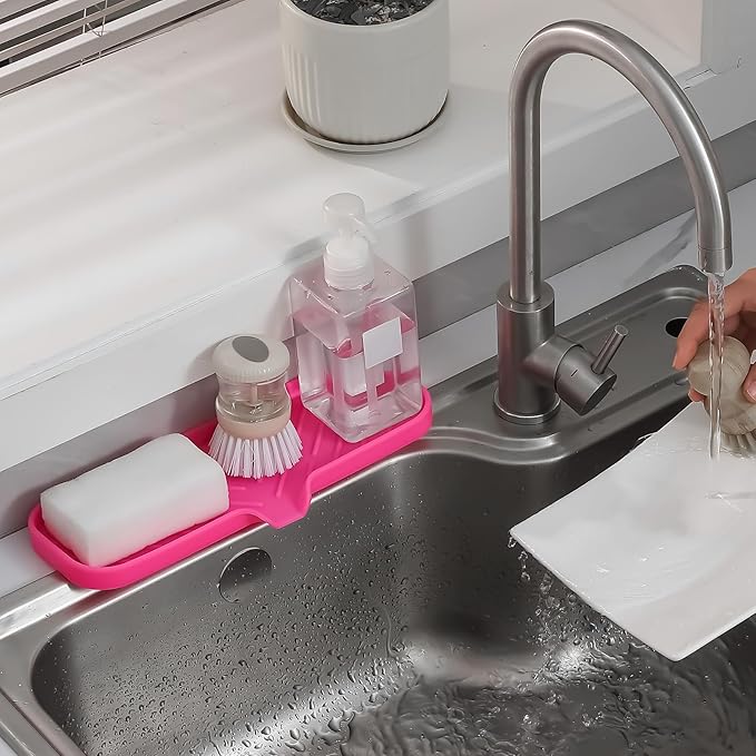 MicoYang Silicone Soap Dish with Drain Spout — Self-Draining Double Sink Organizer Tray for Kitchen & Bathroom, Dispensers, Sponges & Soap Holder, Non-Slip & Dishwasher Safe, Rose (Large, 12"×4")